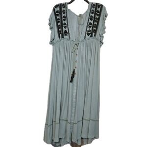 Free People Will Wait For You Midi Boho Dress Teal Raw Hem Waist Drawstring Sz L